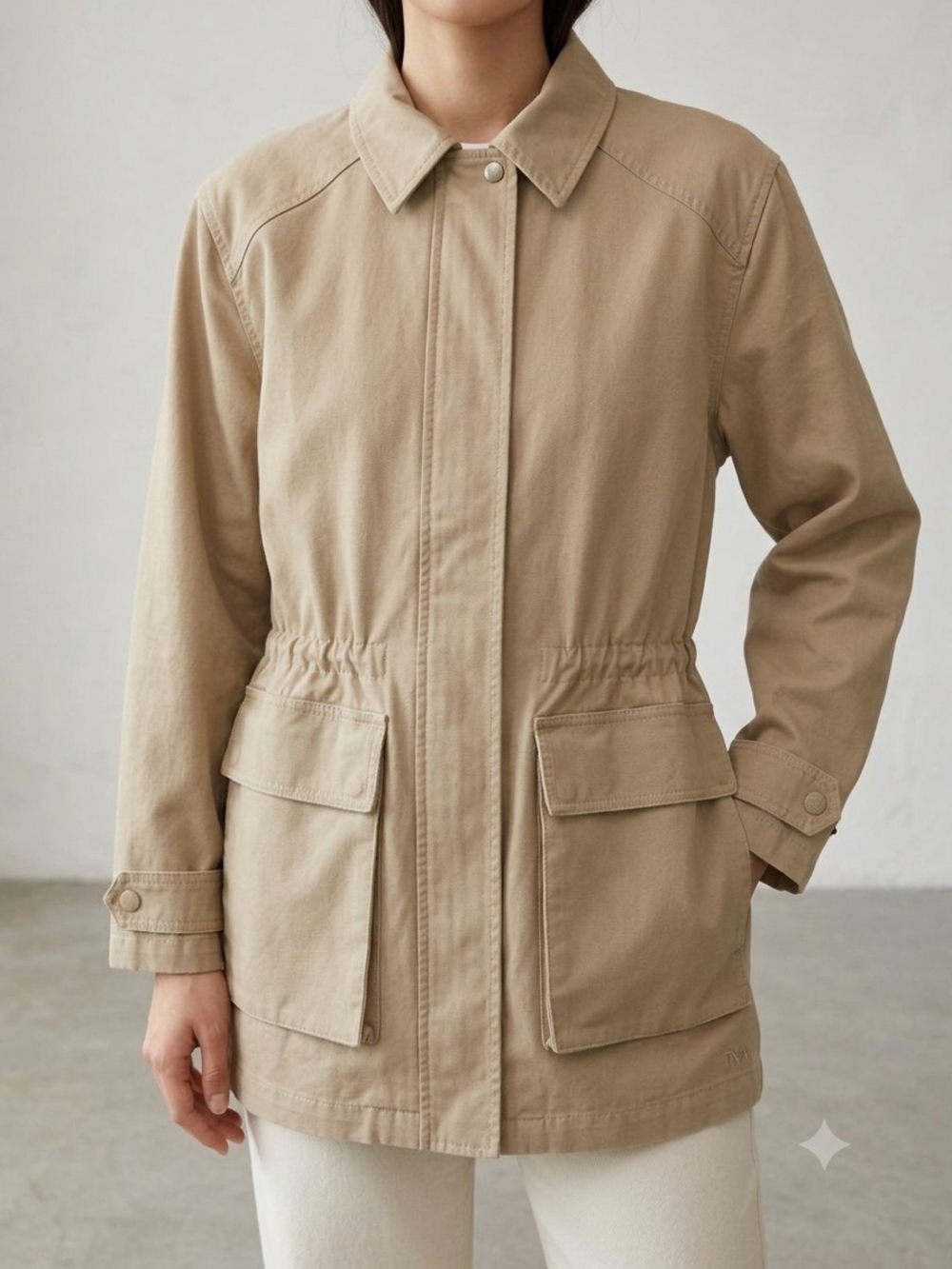 TNA Aritzia Jasper Field Jacket Women's L Beige Tan Cinch Waist Cotton
